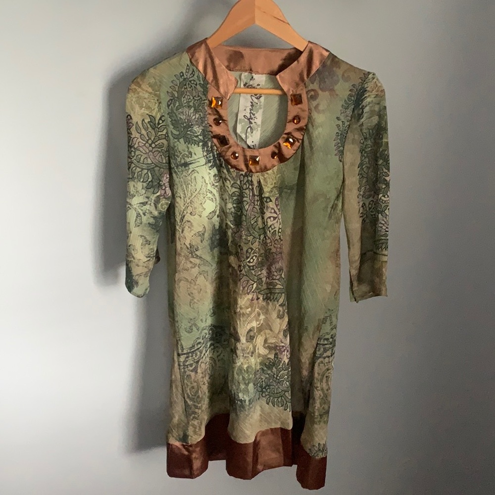 NWOT Code Vintage Green Print Pattern Elbow Length Sleeve Dress